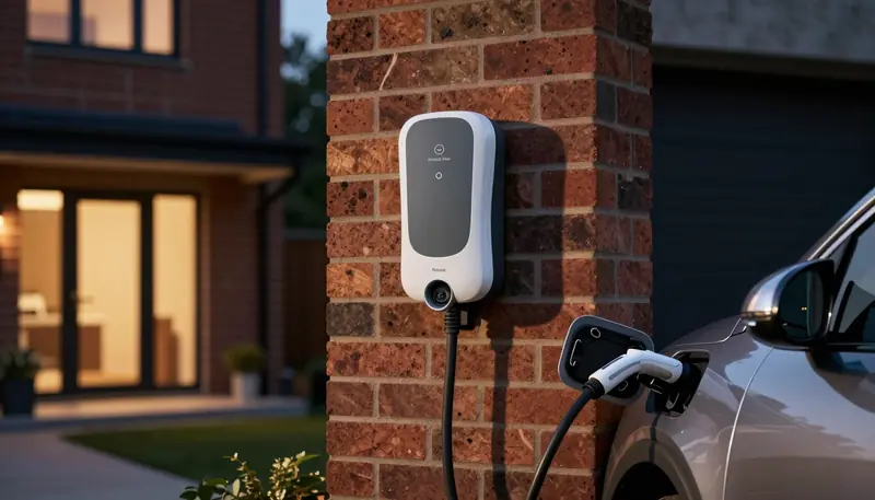 A white smart EV charger on a brick pillar beside a car on charge at dusk