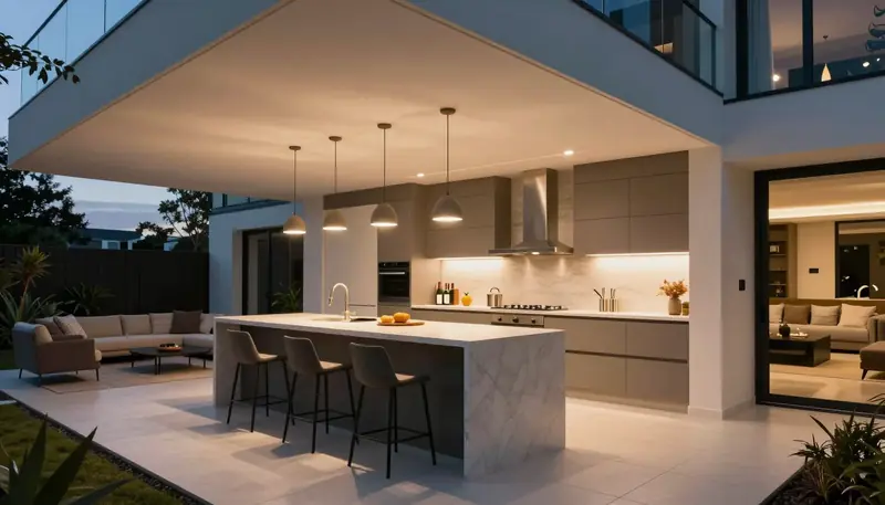An open-sided kitchen extension at dusk, lit by pendants over a marble island and under-cabinet LED strip