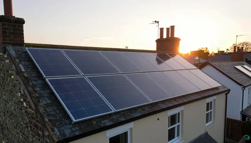 Black solar panels across a slate roof at sunset, chimneys behind