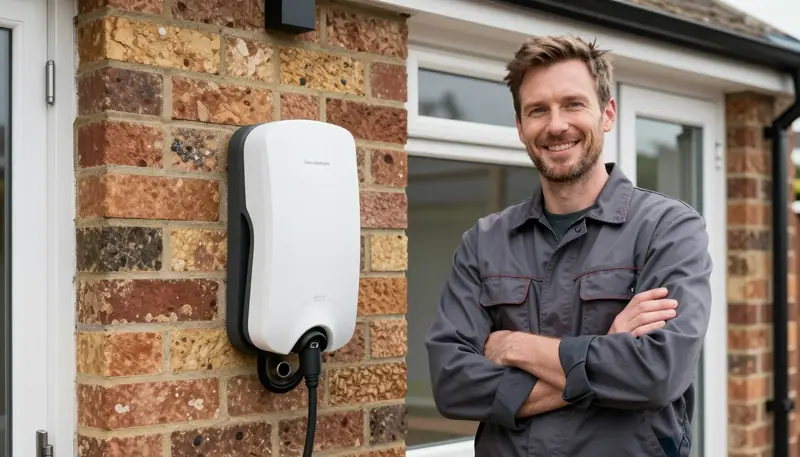 One of our electricians beside a newly fitted wall-mounted EV charger on a brick house